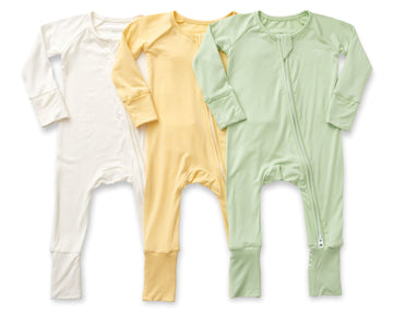 Set of 3 Bamboo Spandex Zipper Sleepsuit- Light Mint/Lemon/ White