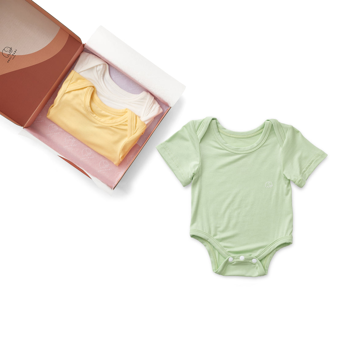 Set of 3 Organic Bamboo Spandex Bodysuit- Gift set Light Mint/Lemon/ White