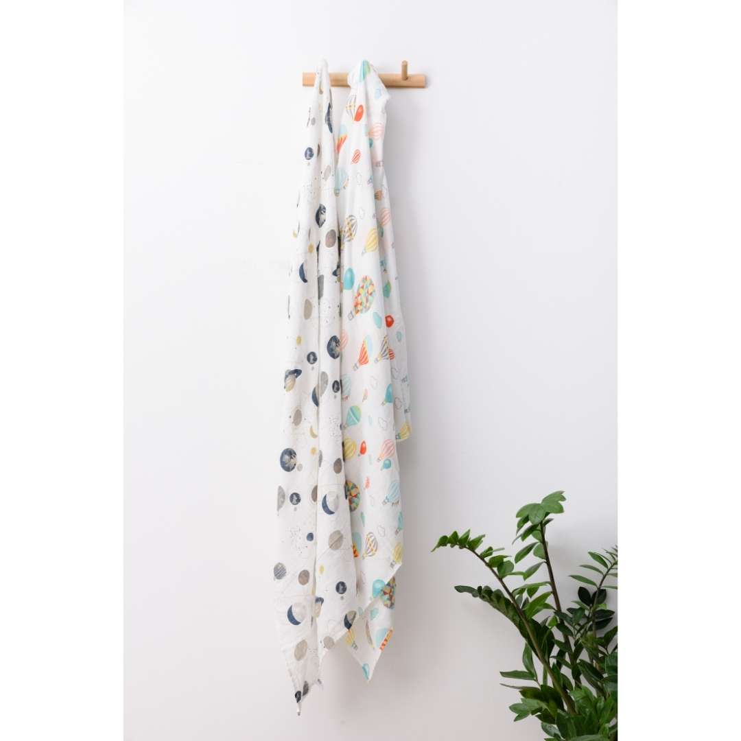 Organic Bamboo Muslin Swaddle  | Set of 2 | Balloons & Planets